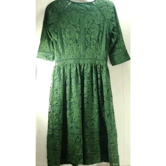 Metisu Dress Forest Green Ivy Lace Pattern Lined Overlay V-neck Size S - Picture 3 of 16